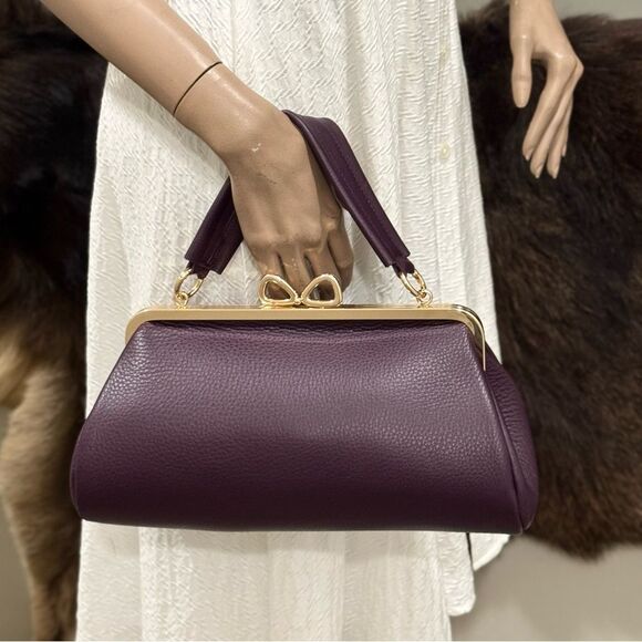 Purple Pebble Leather Handmade Bow Shaped Kisslock Baguette Bag/Crossbody - Picture 4 of 16